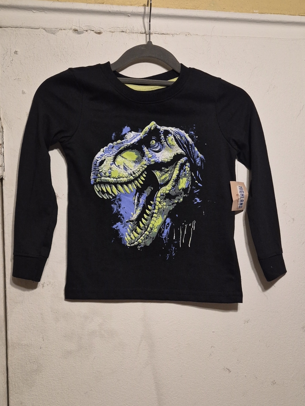 Highlan Originals Black Long-Sleeve Kids T-Shirt Neon Green Dinosaur Print SZ 4
